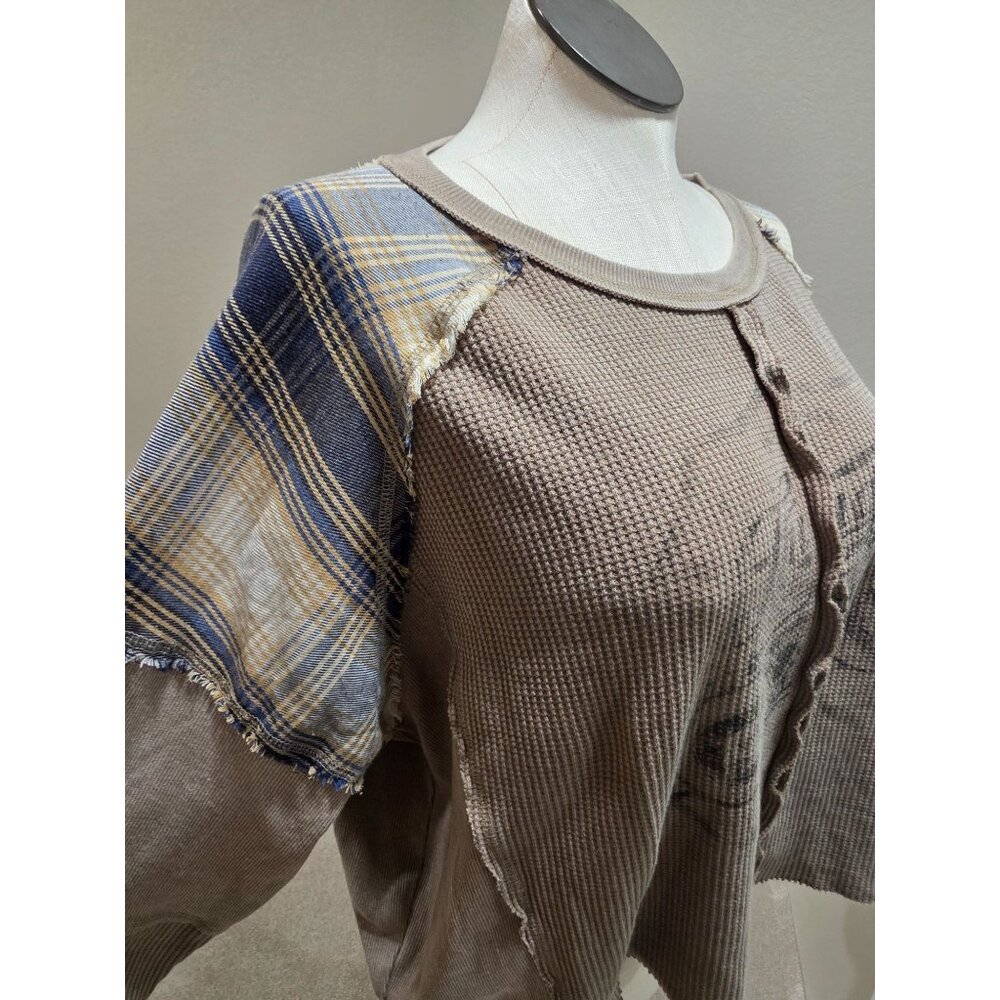 Motorcycle Graphic Waffle-Knit Patchwork Long-Sle… - image 3